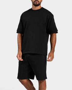 Camiseta y pantalones cortos negros extragrandes para hombre con ribete, diseño de logotipo personalizado OEM, 100% algodón transpirable, para gimnasio y ropa urbana. - Product Image 3