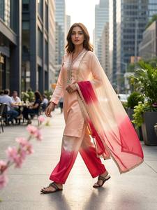 Conjunto de Salwar Kameez de Seda Tradicional Indio-Pakistaní para Mujer, Color Beige Rosa Degradado, Corte Holgado, Largo hasta el Tobillo, Ropa Casual - Product Image 1