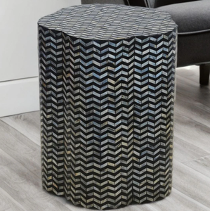 <b>High</b> Quality Black & Silver Mother of Pearl Side <b>Table</b> Handcrafted Chevron Shell Inlay Accent <b>Stool</b> with Geometric Design - Product Image 3
