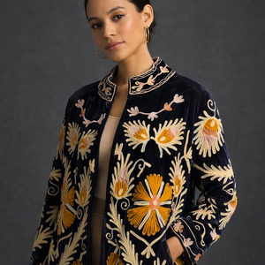 Sujani Embroidery Floral Long Stand Collar <b>Velvet</b> <b>Jacket</b> for Winter/Spring/Summer/Autumn - Product Image 1