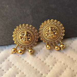Fine Drop Earrings Golden Pearl Lakshmi Round Gold Plated Alloy Casual Hindu - Product Image 1