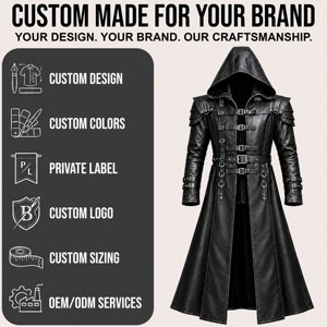 Men's Black Gothic <b>Leather</b> <b>Long</b> <b>Coat</b> Hooded Steampunk <b>Trench</b> <b>Coat</b> with Multiple Buckle Straps Shoulder Armor Design Custom - Product Image 6