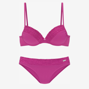 Ensemble de bikini triangle froncé pour femme, maillot de bain 2 pièces fuchsia uni, bas hipster, séchage rapide, spandex/polyester, soutien-gorge push-up - Product Image 1