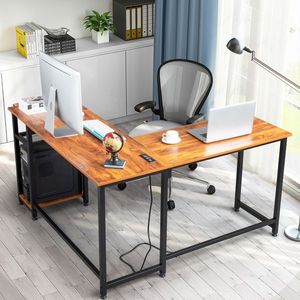 L-Shaped Tiger Wood Desktop Computer Desk with Power Outlets and Shelf - Product Image 1