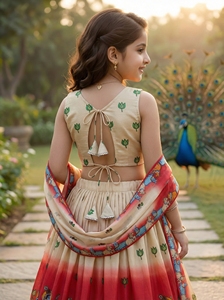 Ensemble Lehenga Choli pour Filles, Tenue Ethnique Indienne Entièrement Cousue, Imprimé Traditionnel, en Rayonne, Jupe Longue et Haut Court, pour Fête de Diwali - Product Image 3