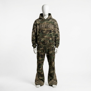 Mens <b>Camouflage</b> Hoodie Tracksuit <b>Cargo</b> <b>Pants</b> Rhinestone Leaf Embroidery Custom Streetwear Sportswear Matching Set - Product Image 1