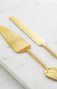 Gold Cake Knife And Server Set With Leaf Handles 2-Piece <b>Metal</b> Cake <b>Tools</b> For Wedding Use Events And Party Decorations - Product Image 2