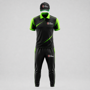 Uniforme de críquet Fly Humble para hombre, negro y verde en contraste, conjunto deportivo de secado rápido, corte regular, para todas las estaciones, con logotipo bordado. - Product Image 1