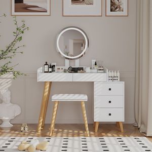 LED Lights Glass Top Dressing <b>Table</b> with Extendable <b>Side</b> <b>Table</b> and 5 Drawers Makeup Vanities with <b>Mirror</b> Storage - Product Image 1