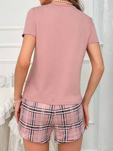 Women Fashion Pajama <b>Set</b> Pink Plaid Print Sleepwear Short Sleeve and Shorts <b>Set</b> With Pocket - Product Image 4