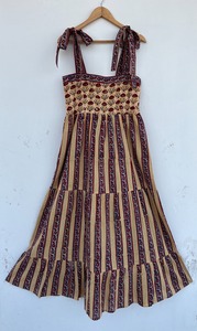 Women Beige Striped Floral Cotton Maxi Dress Tie Shoulder Tiered <b>Summer</b> Wholesale - Product Image 3