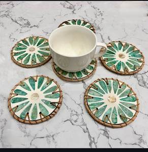 Creative Design Tea <b>Coaster</b> <b>Set</b> With Resin & MOP Inlay With Rattan Woven Holder Mats & Pads placemat Drink <b>coaster</b> At Best Price - Product Image 3