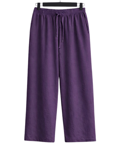 Conjunto de pijama de lino y algodón para mujer, color morado, camisa con botones y bolsillo en el pecho y pantalones con cordón, conjunto de ropa de dormir informal - Product Image 2