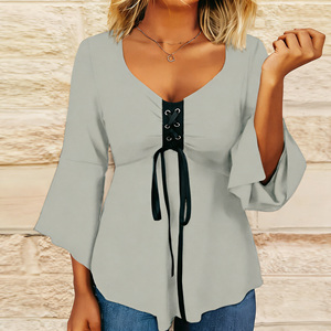 Vente flash sur la blouse peplum à col en V et manches évasées en dentelle pour femme Temu, haut décontracté élégant uni pour tenue quotidienne - Product Image 6