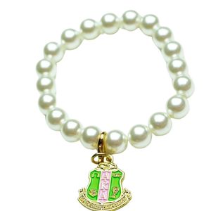 AKA White Pearl <b>Bracelet</b> with Gold Shield Charm Elegant <b>Beaded</b> Wrist Jewelry Women Fashion Accessory for Special Events - Product Image 4