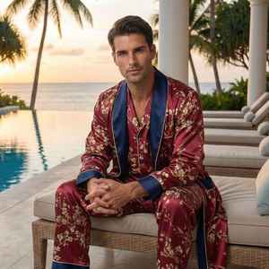 Bata de Baño Floral Roja para Hombre, Conjunto de Salón de Seda Mítica, Bata Kimono de Lujo Estilo Resort, Ligera y Cómoda para el Hogar - Product Image 4
