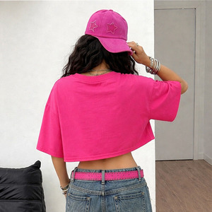 T-shirt personnalisé pour femme avec logo, T-shirt court pour femme, vente en gros, Crop Top en coton uni avec strass, décontracté et ajusté, OEM - Product Image 4