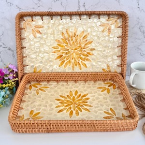 Two Piece Rectangular Rattan Tray <b>Set</b> With Mother Of Pearl For Daily Home Use Guest <b>Serving</b> And Special Occasions From India - Product Image 1