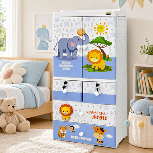 Nandos Lion <b>6</b> Tier Children Plastic Cabinet <b>Drawer</b> with Keys and Flat Panel Hinged Doors Suitable for Bedroom Organization - Product Image 1