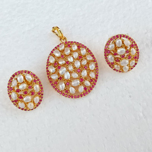 RAY FINE ORNATES <b>Ruby</b> Pearl Princess Cut Pendant <b>Necklace</b> Victorian Gold Plated CZ Bridal Statement <b>Necklace</b> Indian Wedding - Product Image 3