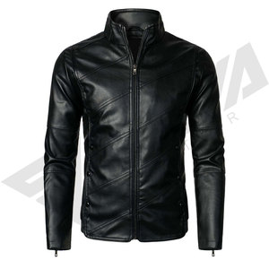<b>Men's</b> Black <b>LEATHER</b> OR PU <b>Leather</b> <b>Jacket</b> Stand Collar Zipper Closure Moto Biker Style Slim Fit Autumn Wear - Product Image 2