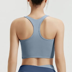 Soutien-gorge de sport sans coutures pour femme, dos nageur, col ras du cou, bordure contrastante, maintien moyen, coupe-vent, 100 % coton, bleu running - Product Image 2