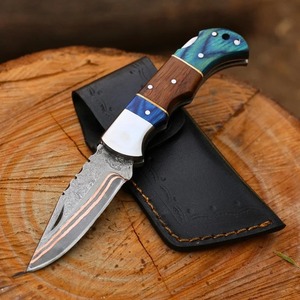 Navaja de bolsillo plegable hecha a mano con hoja de acero de Damasco y cobre, punta de cuchillo tipo Drop Point de 6.5 pulgadas, mango de madera con funda de cuero, cuchillo para exteriores. - Product Image 2