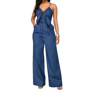 Mono de una pieza para mujer, personalizado, color índigo, tela vaquera de algodón, escote sencillo, piernas anchas y relajadas, estilo casual. - Product Image 2