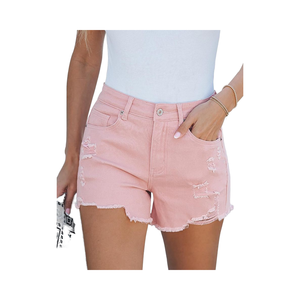 Shorts de Mezclilla Rosa de Cintura Alta para Mujer, con Detalles Desgastados, Estilo Casual de Verano - Product Image 1