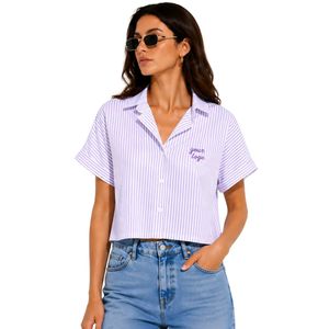 Camisa Corta a Rayas Blanca y Lavanda Personalizada para Mujer, con Logotipo Bordado, Manga Corta, Cierre de Botones, Blusa Casual de Verano, OEM - Product Image 1