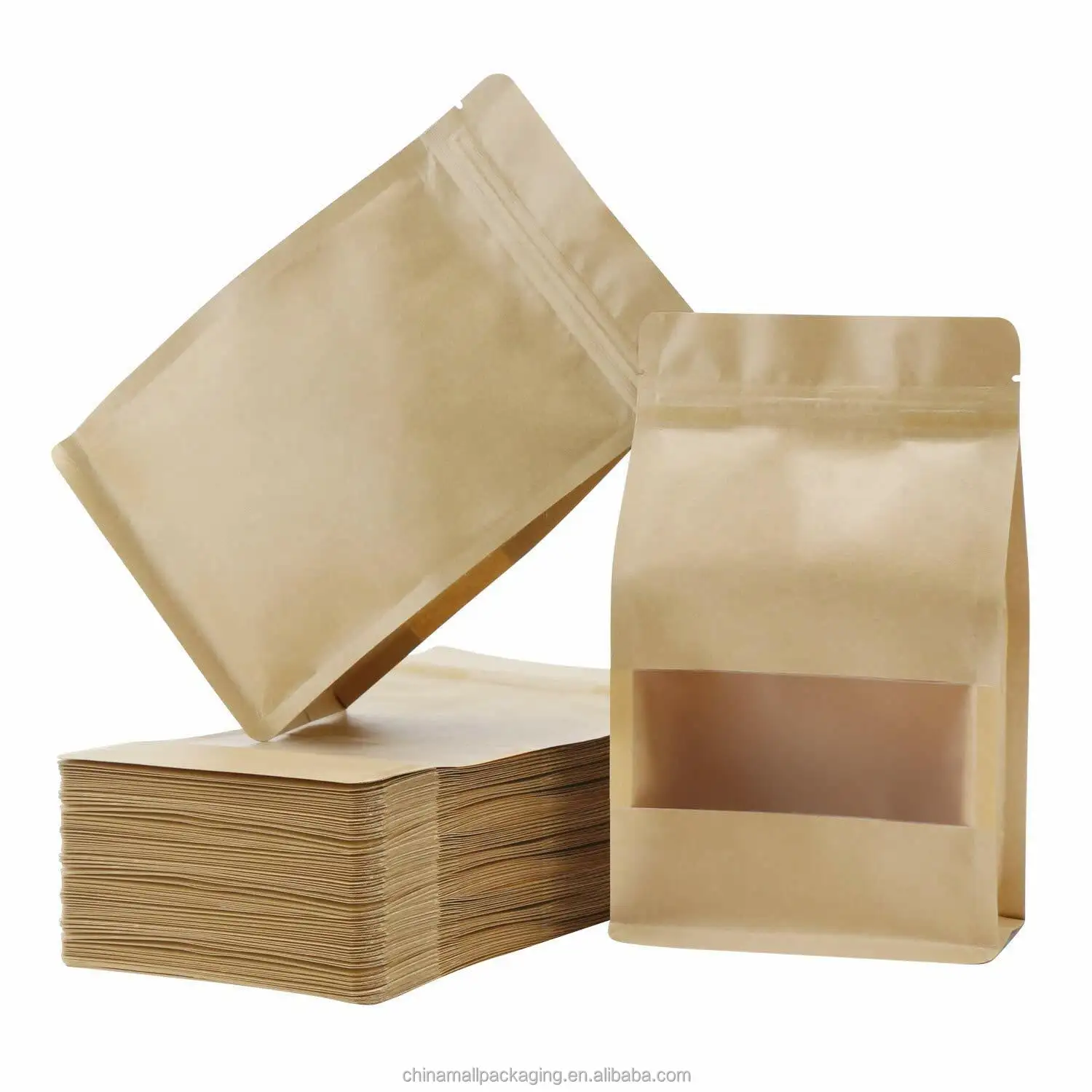 Recyclable Stand up bag flat bottom brown kraft paper bag with zipper for coffee beans with window