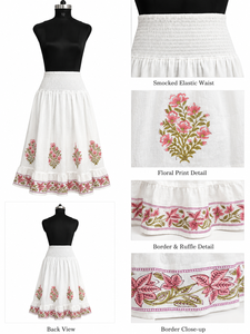Women's Cotton A-Line Midi <b>Skirt</b> With Floral Embroidery <b>Elastic</b> Waist Ruffled Hem Prairie Chic Style Spring Wear - Product Image 2