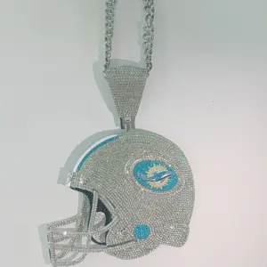 Colgante de Casco para Fanáticos del Deporte, Plata de Ley con Pavé de Diamantes de Imitación Redondos, Cadena de Eslabones, Joyería de Moda Hip Hop para Hombre, Amuleto de Delfines - Product Image 6