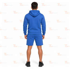 Ensemble sweat à capuche et short bleu pour homme en coton French Terry – Tenue décontractée d'été respirante – Vêtements de sport pour homme - Product Image 4