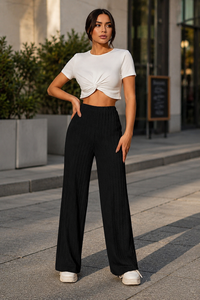 Pantalon long AARA Fashion pour femme, taille mi-haute, coupe droite, jambe large, tricoté, plissé devant, à enfiler, côtelé, 95% polyester, coupe classique - Product Image 4