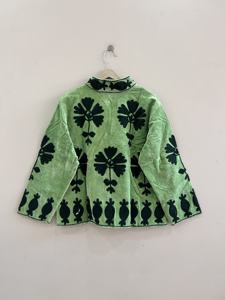 Green Mandarin Collar Blazer Full Sleeve Floral Embroidery Quilted <b>Velvet</b> <b>Women</b> Autumn Wear Hippie Style Finished Woven - Product Image 3