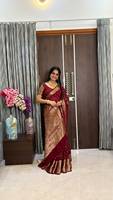 Saree Sutra Tradisional Wanita India Warna Maroon dengan Hiasan Zari Emas, Panjang Lantai, Pakaian Pernikahan, Cocok untuk Semua Musim, Ukuran Reguler