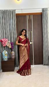Sari indien traditionnel en soie pour femme, couleur bordeaux, avec broderie Zari dorée, longueur ras du sol, idéal pour les mariages, toutes saisons, coupe classique - Product Image 3