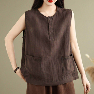 Women <b>Linen</b> Cotton Solid Woven Sleeveless Shirt Loose Fit Henley Tank Summer Casual Pullover with Side Pockets - Product Image 3