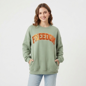 Sweat-shirt unisexe surdimensionné à col rond pour femme, imprimé pailleté bleu sarcelle, motif lettres à sequins, 100 % coton, tenue décontractée - Product Image 5