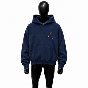 Sweat à capuche oversize bleu marine vieilli avec broderie étoile multicolore, motif léopard ton sur ton, lavage vintage, style streetwear - Product Image 1