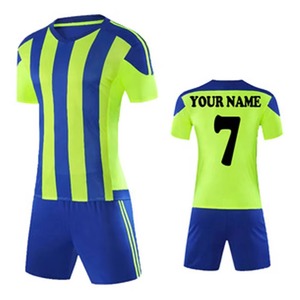Conjunto de Camiseta de Fútbol Personalizada con Rayas, Azul Neón Verde, Manga Corta, Secado Rápido, Uniforme de Fútbol de Poliéster para Hombre con Nombre y Número - Product Image 1