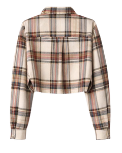 Chemisier court pour femme à carreaux beiges, col rabattu, manches longues, boutonné, style décontracté, personnalisé par le fabricant, fournisseur OEM - Product Image 5