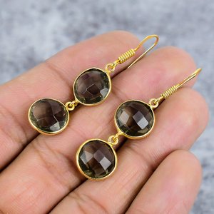 Smoky Quartz Round Cut Gemstone 925 Sterling <b>Silver</b> Gold Plated Trendy Wedding Hook Wire <b>Dangle</b> <b>Earrings</b> for Women - Product Image 3