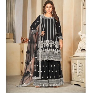 ชุดอานาร์กาลีสีดำคุณภาพดีสำหรับผู้หญิง สไตล์ปากีสถาน เหมาะสำหรับงานแต่งงานและงานเฉลิมฉลอง แขนสามส่วน แบบเย็บกึ่งสำเร็จรูป - Product Image 1