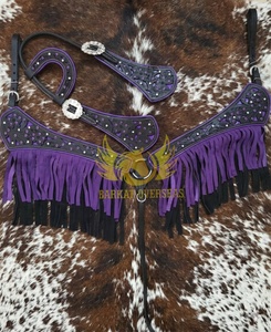 Ensemble d'Équipement Équestre en Cuir Véritable Léger avec Franges en Cristal Personnalisées, Comprend une Têtière, une Selle et une Sangle Poitrail, pour Chevaux Western Saisonniers - Product Image 3