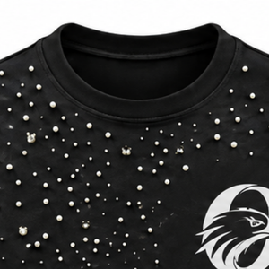 Unisex Black Pearl Decorated T <b>Shirt</b> Fashionable Round Neck Short Sleeve Pearl <b>Studded</b> Tee for Streetwear and Everyday Casual - Product Image 3