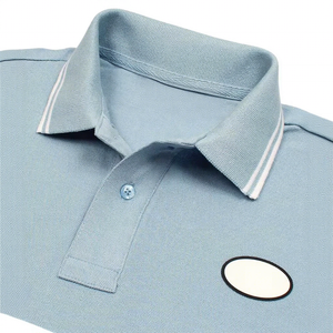 Men's <b>Light</b> <b>Blue</b> Solid Short Sleeve Button-Up <b>Shirt</b> with Front Logo Casual Knitted 100% Cotton 220g Quick Dry - Product Image 2