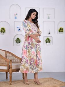 Robe plissée à col rond et manches longues lanternes, boutonnage simple, taille ajustée, imprimé unique, qualité supérieure, modèle 2026, meilleur prix toujours - Product Image 2