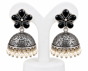 Boucles d'oreilles Jhumka indiennes noires en argent oxydé avec perles pendantes, vente en gros, directement de l'usine, fabricant OEM ODM - Product Image 1